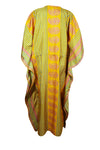 Boho Beach Maxi Kaftan, Yellow, Green Floral Silk Caftan Dress, L-2X