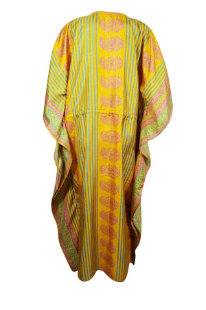 Beach Coverup Maxi Kaftan Yellow Floral Silk Caftan Dress, L-2X