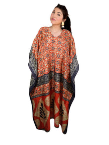  Women's Fire Orange Paisley Maxi Kaftan – Boho Beach Caftan Dress for Summer & Resort Wear, L-2X