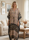 Women’s Black & Beige Leaf Maxi Kaftan – Boho Beach Caftan Dress for Resort Wear L-2X