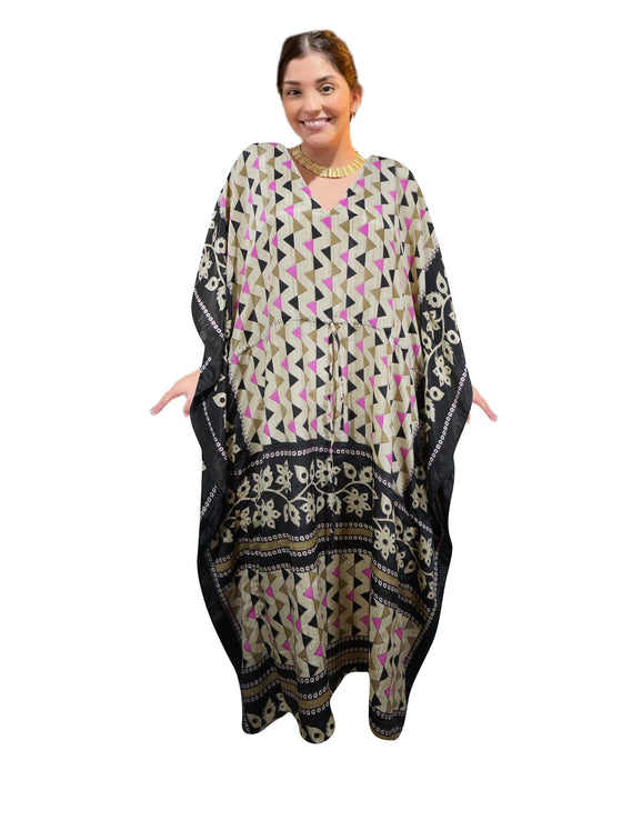 Women's Black & Beige Leaf Maxi Kaftan – Boho Beach Caftan Dress for Resort Wear L-2X