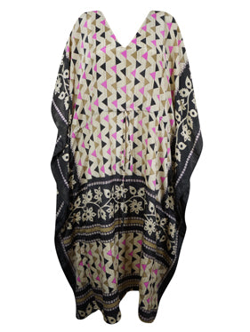 Women Boho Beach Kaftan Black, Beige Leaf Maxi Caftan L-2X