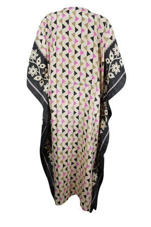 Women Boho Beach Kaftan Black, Beige Leaf Maxi Caftan L-2X