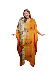  Women's Tangerine Floral Maxi Kaftan – Boho Eco-Chic Beach Caftan Dress L-2X