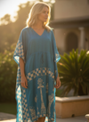 Women’s Blue Checkmate Maxi Kaftan – Boho Beach Caftan Dress for Resort Wear L-2X