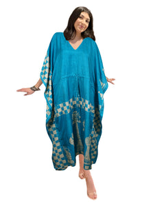  Women's Blue Checkmate Maxi Kaftan – Boho Beach Caftan Dress for Resort Wear L-2X