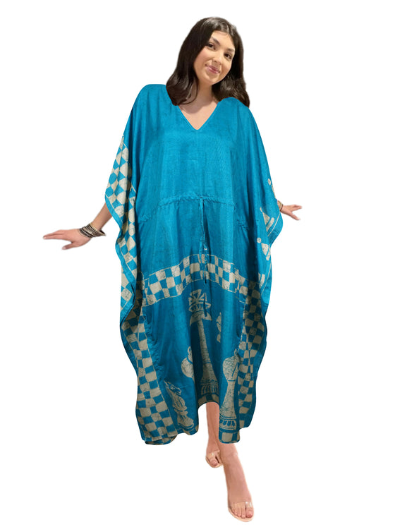Women's Blue Checkmate Maxi Kaftan – Boho Beach Caftan Dress for Resort Wear L-2X