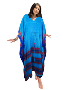  Women's Tufts Blue Silk Maxi Kaftan – Elegant Boho Beach Caftan for Summer Wear L-2X