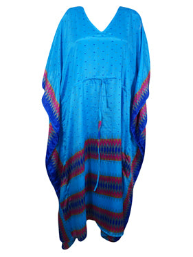 Women Boho Beach Kaftan, Tufts Blue Maxi Silk Kaftan, L-2X