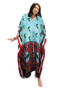  Women's Sea Blue Leaf Maxi Kaftan – Boho Beach Caftan L-2X
