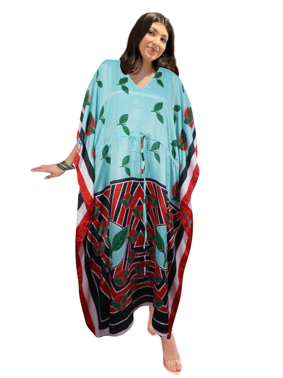 Women's Sea Blue Leaf Maxi Kaftan – Boho Beach Caftan L-2X
