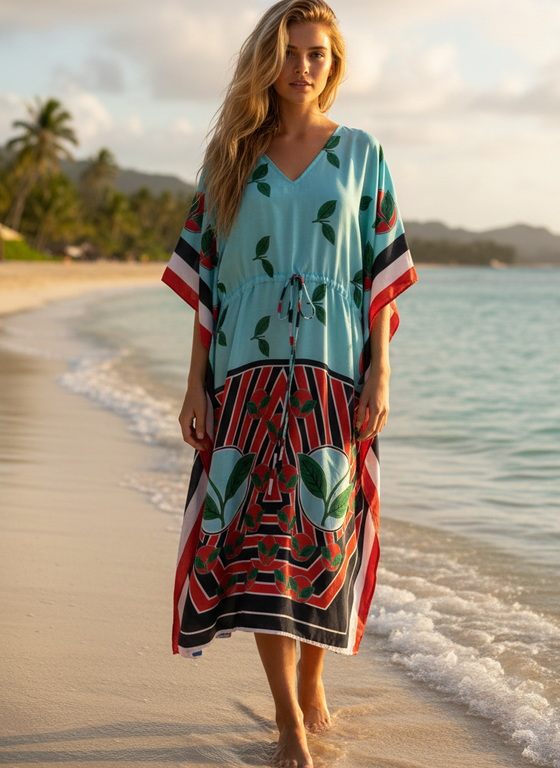Women’s Sea Blue Leaf Maxi Kaftan – Boho Beach Caftan Dress L-2X