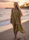 Women’s Golden Floral Maxi Kaftan – Boho Chic Beach Caftan Dress, L-2X