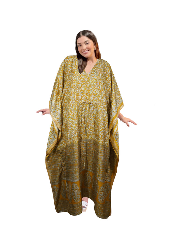 Women's Golden Floral Maxi Kaftan – Boho Chic Beach Caftan , L-2X