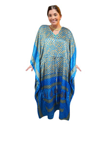  Women Boho Beach Maxi Kaftan Dark Blue, Dot Caftan,L-2X