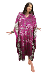  Women Boho Beach Kaftan Magenta Pink Floral Maxi Caftan, L-2X