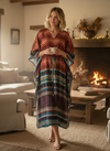 Women’s Fire Orange & Black Paisley Maxi Kaftan – Flowy Boho Beach Dress Silhouette L-2X