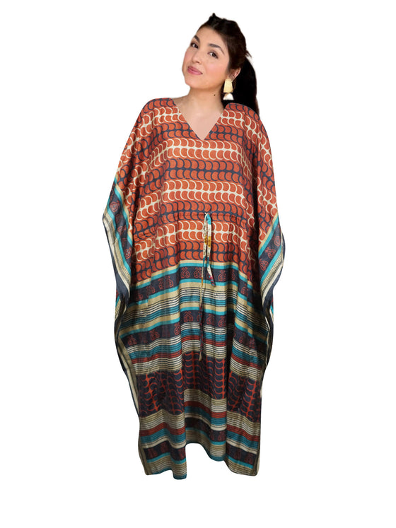 Women's Fire Orange & Black Paisley Maxi Kaftan – Boho Beach Dress L-2X