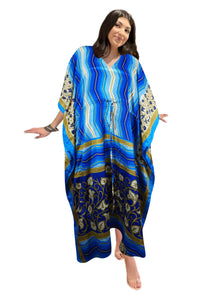  Women's Electric Blue Silk Maxi Kaftan – Boho Chic Beach Dress L-2X