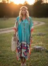 Women’s Sea Blue & Red Maxi Kaftan | Boho Beach Resort Dress ,L-2X