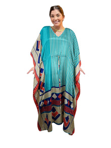  Women's Sea Blue & Red Maxi Kaftan – Boho Beach Resort Dress ,L-2X