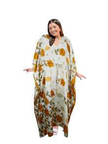  Women's Orange & White Floral Maxi Kaftan – Boho Eco-Chic Beach Dress L-2X