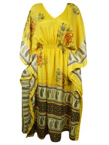  Boho Beach Maxi Kaftan Golden Yellow Silk Caftan Dress, L-2X