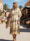 Women’s Beige & Black Floral Maxi Caftan | Boho Eco-Chic Beach Dress  L-2X