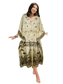  Women's Beige & Black Floral Maxi Caftan – Boho Eco-Chic Beach Dress L-2X