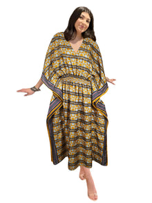  Women's Yellow & Blue Recycled Silk Kaftan – Boho Beach Cover-Up Maxi Dress One Size