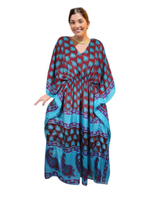  Women's Blue & Red Printed Kaftan Maxi Dress – Summer Housedress L-2X