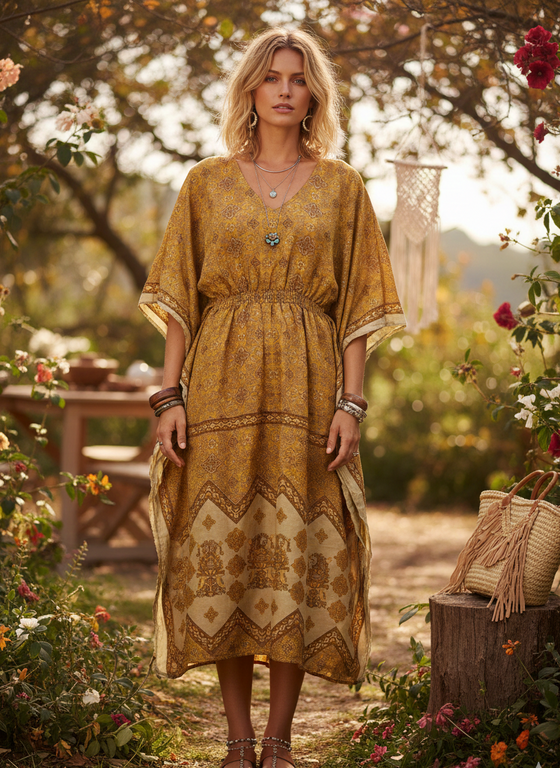 Womens Yellow Gold Recycled Silk Maxi Kaftan Boho Kimono Style Caftan Dress L-2X Womens Yellow Gold Recycled Silk Maxi Kaftan Boho Kimono Style Caftan Dress L-2X