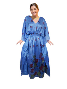  Women's Cobalt Blue Floral Maxi Kaftan – Eco-Chic Boho Beach Caftan L-2X