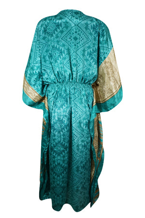 Boho Summer Maxi Kaftan For Women's Sea Blue, Floral Print Caftan Dress L-2X