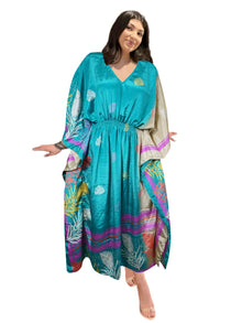  Women's Sky Blue Floral Print Maxi Kaftan – Boho Summer Caftan Dress L-2X