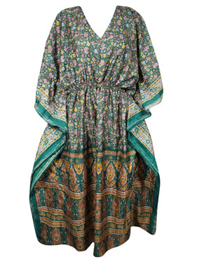 Womens Summer Kaftan, Juniper Green Floral Caftan Beach Coverup, L-2X