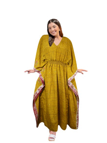  Women's Yellow Medallion Print Maxi Kaftan – Boho Beachwear Caftan Dress, L-2X