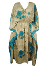 Women Boho Caftan, Eco Chic Beach Beige, Blue Floral Maxi Kaftan L-2X