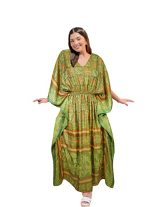  Women's Green & Orange Floral Print Maxi Kaftan – Boho Summer Caftan Dress L-2X