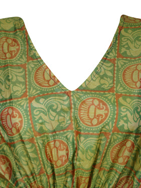 Boho Summer Maxi Kaftan For Women's Green, Orange Floral Print Caftan Dress L-2X