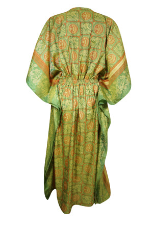 Boho Summer Maxi Kaftan For Women's Green, Orange Floral Print Caftan Dress L-2X