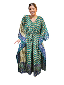  Women's Green and Blue Floral Kaftan – Boho Summer Maxi Caftan Dress L-2X