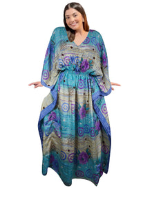 Women's Cobalt Blue and Beige Floral Kaftan – Eco-Chic Boho Beach Maxi Dress L-2X