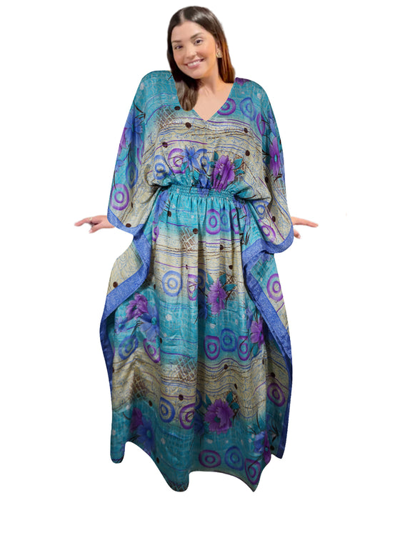 Women's Cobalt Blue and Beige Floral Kaftan – Eco-Chic Boho Beach Maxi Dress L-2X