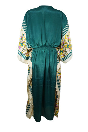 Boho Summer Maxi Kaftan For Women's Dark Green, Floral Print Caftan Dress L-2X