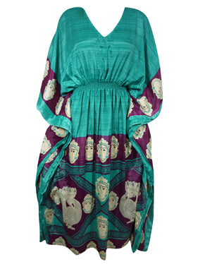 Womens Summer Kaftan, Se Green , Purple Floral Caftan Beach Coverup, L-2X