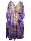 Women Boho Caftan, Eco Chic Beach Purple, Beige Floral Maxi Kaftan L-2X