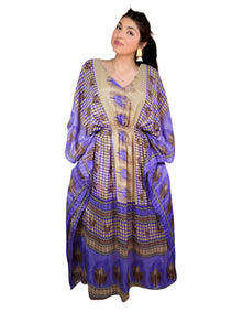  Women's Purple and Beige Floral Kaftan – Eco-Chic Boho Beach Maxi Dress L-2X