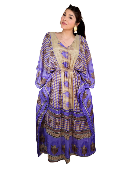 Women's Purple and Beige Floral Kaftan – Eco-Chic Boho Beach Maxi Dress L-2X