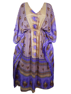 Women Boho Caftan, Eco Chic Beach Purple, Beige Floral Maxi Kaftan L-2X